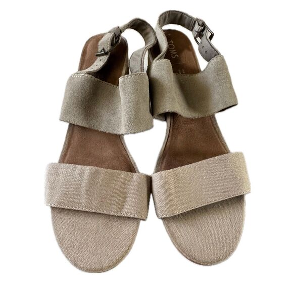 TOMS Poppy Mix Media Suede Canvas Double Strap Mid Chunky Block Heel Sandal 9.5 - Picture 1 of 7